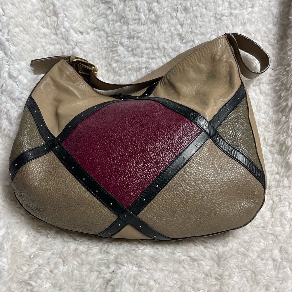 A.Bellucci leather khaki,taupe,burgundy &black stripes shoulder bag studs accent